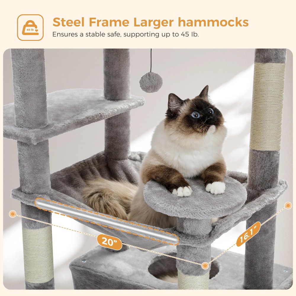 PAWZ Road 73" Cat Tree for Large Cats, Multi Level Play Tower Condo 7 Sisal Scratching Posts, Gray - Image 8