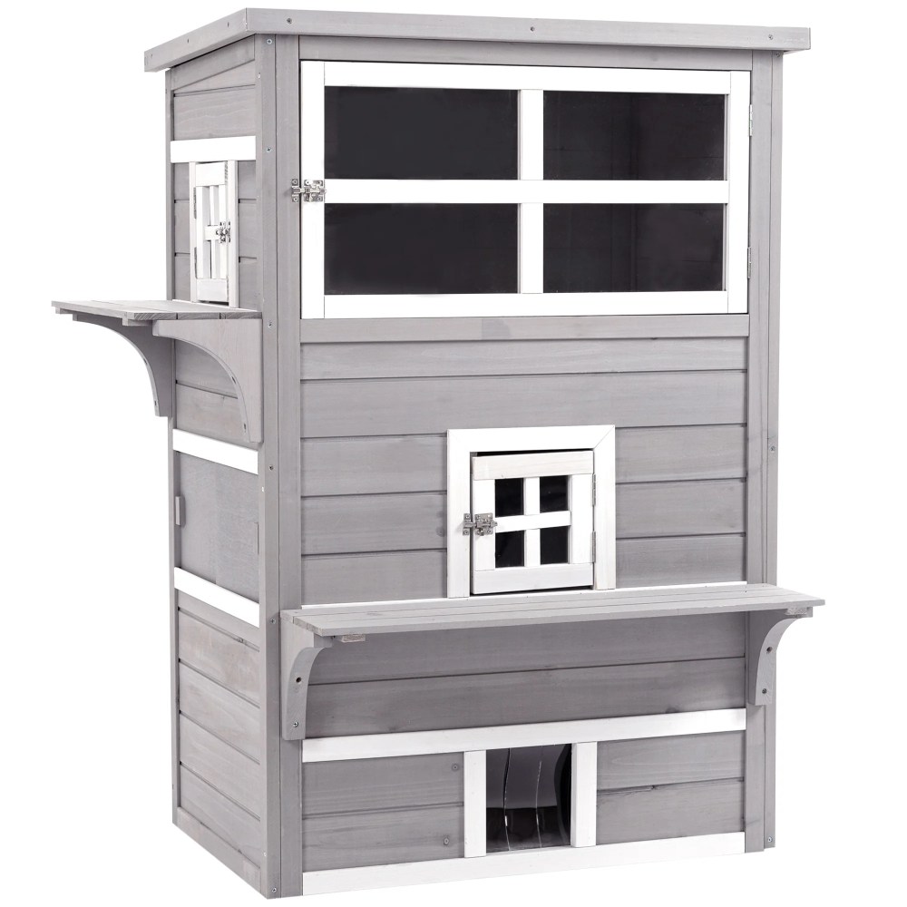 PawHut 3-Story Cat House with Raised Floor, Escape Doors, Gray - Image 2