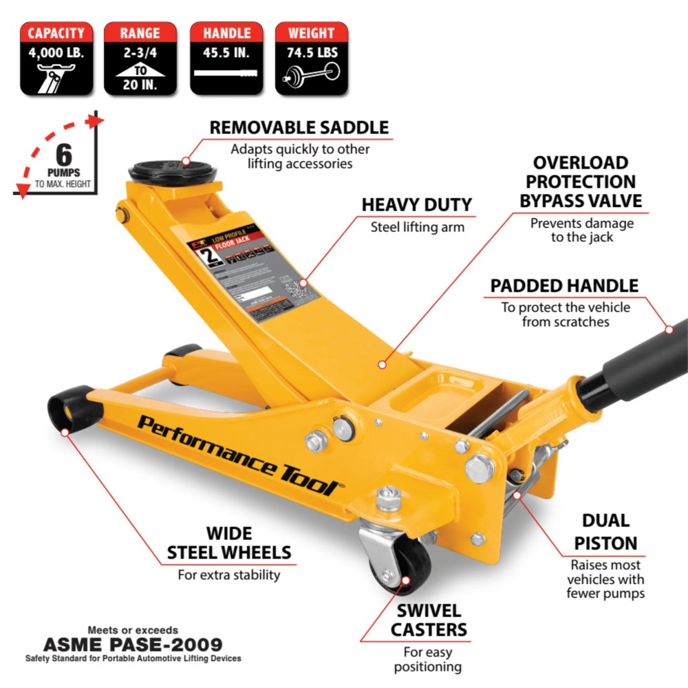 Performance Tool W1642 Professional Low-Profile Swiveling Floor Jack, 2-Ton Capacity, Lift Range 2-3/4-Inch to 20-Inch - Image 15