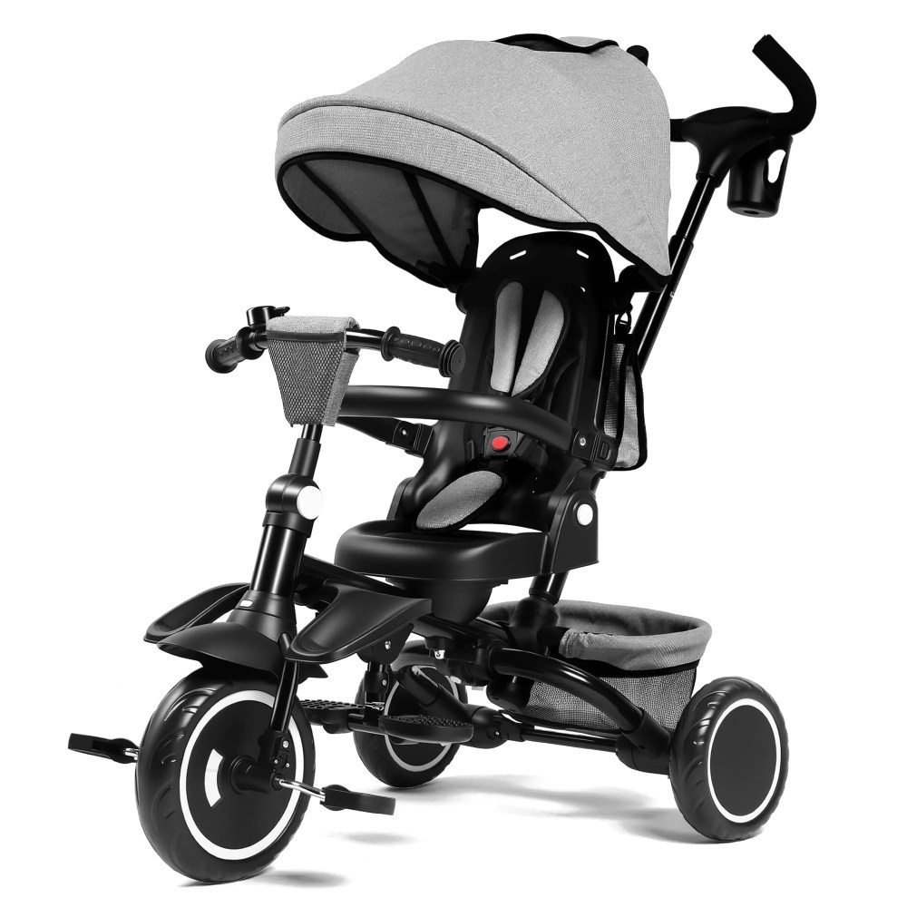 AILEEKISS 7-in-1 Kids' Tricycle with Push Handle, Foldable Trike Bicycles for Kids 1-5 Years, Dark Grey