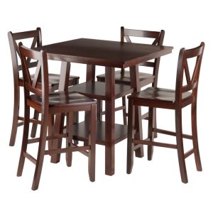 Winsome Wood Orlando 5-Pc Set High Table,2 Shelves & 4 V-Back Counter Stools,Walnut Finish