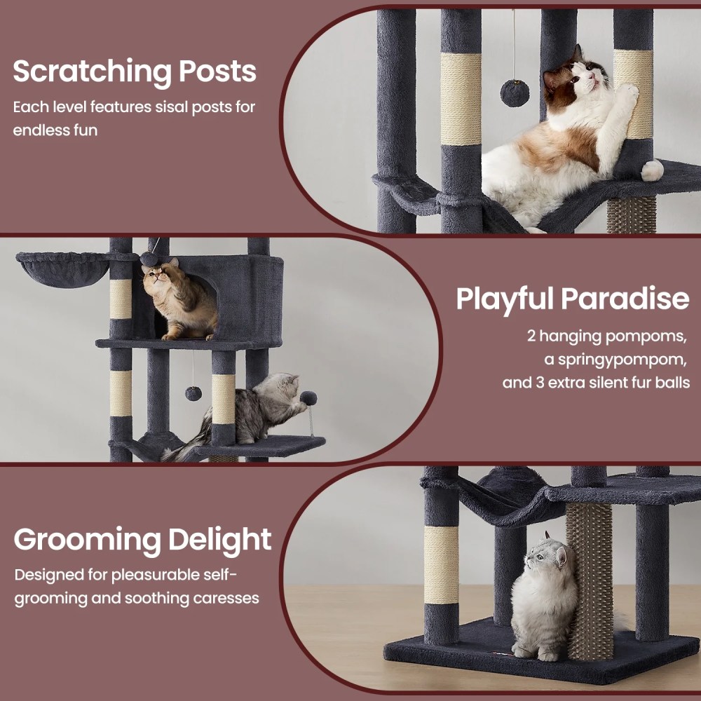 LEDREM 69-inch Cat Tree, Multi-Level Cat Condo with Caves, Baskets, Scratching Posts, Hammock & Perch, Self-Groomer, Dark Gray - Image 6