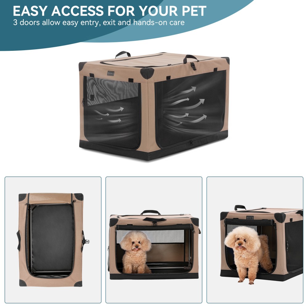 Petsfit Portable Dog Care Kennel, 26" L x 19" Wx 18" H Adjustable Fabric Cover by Spiral Iron Pipe, Portable&Easy Assembly Dog Crate 3 Door Design, Khaki - Image 7