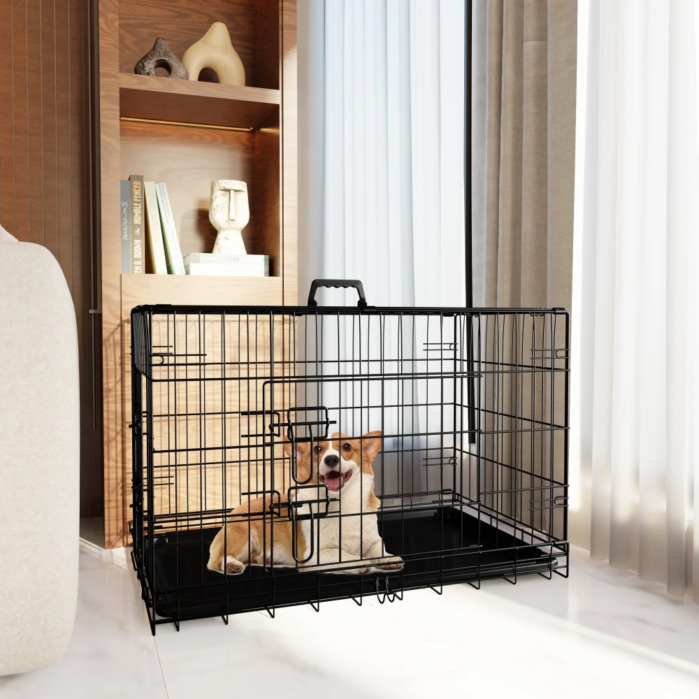 MAYEERTY 30-Inch Medium Dog Crate with Divider, Leak-Proof Tray, Double Door Metal Cage