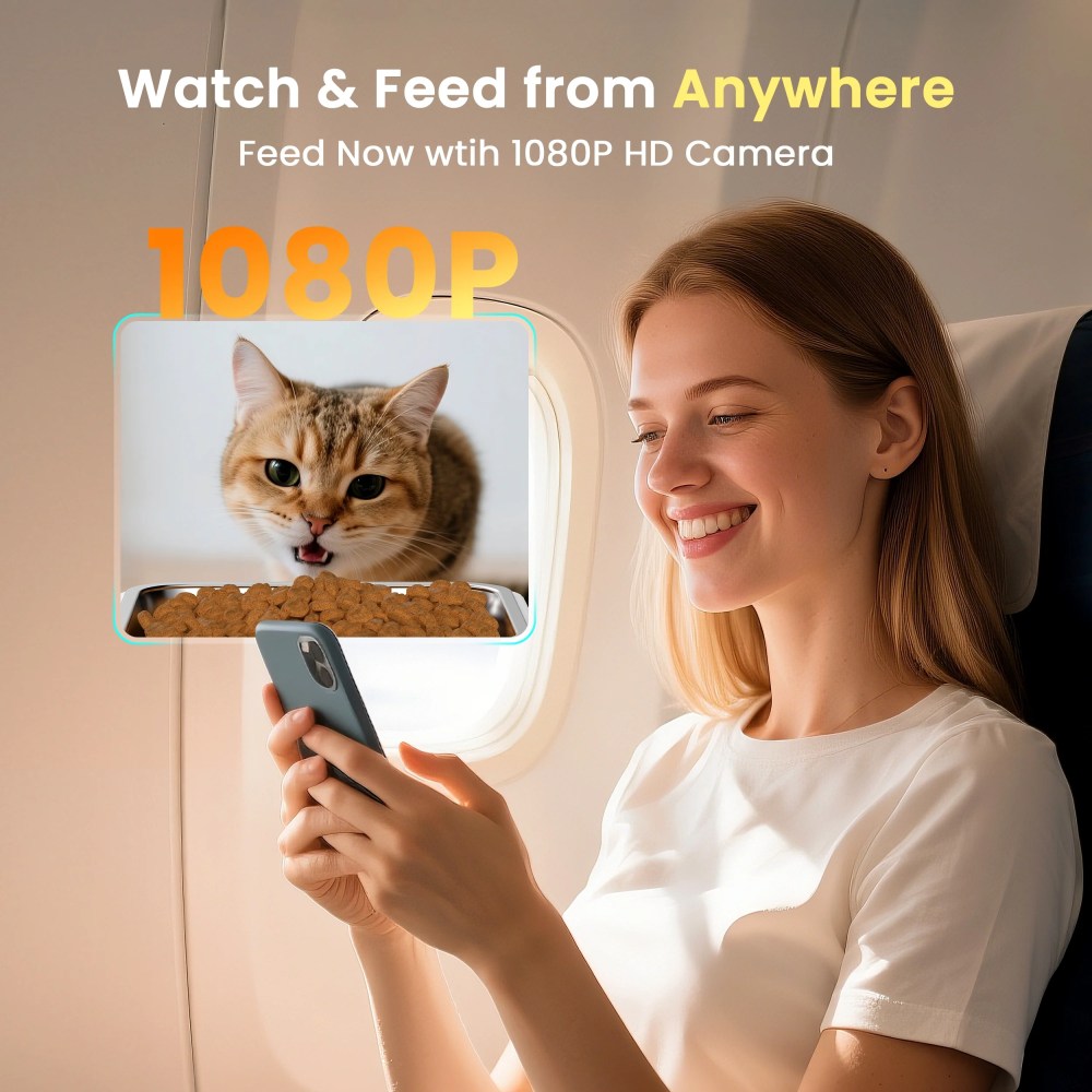 Oneisall WF-63 5GHz & 2.4GHz Automatic Cat Food Dispenser, 6L/25 Cups Automatic Cat Feeder with Camera, White - Image 4