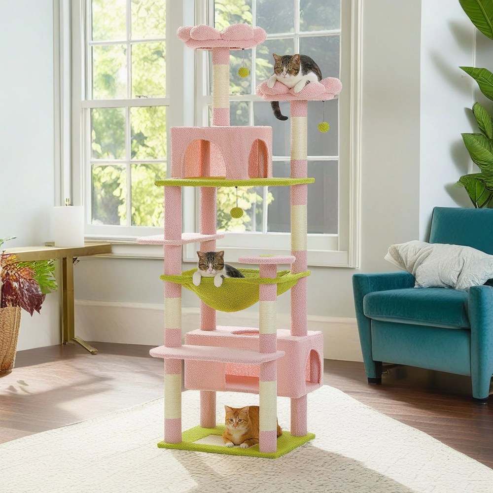 Pefilos 72" Cat Tree Tower for Large Cats, Indoor Cat Condo with Sisal-Covered Scratching Posts and Pads, 2 Padded Perch, Pink - Image 5