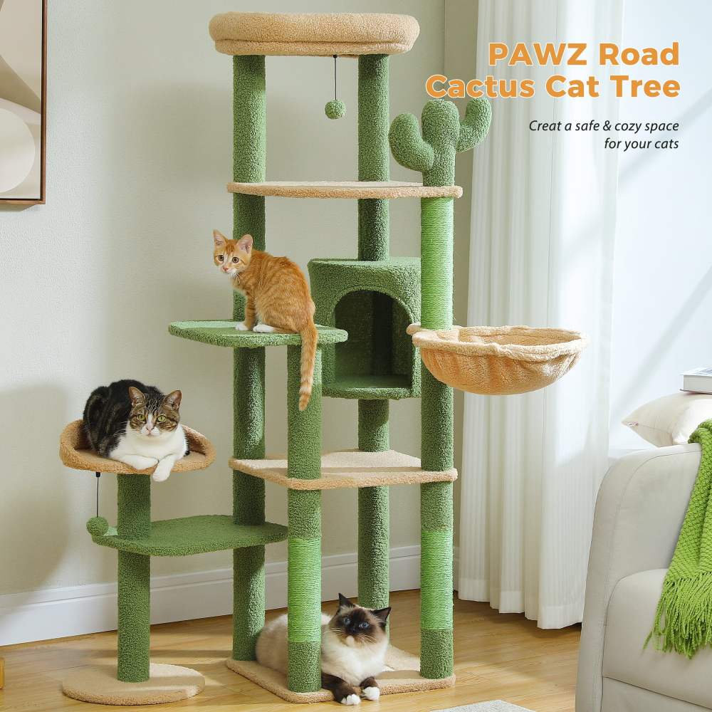 PAWZ Road 59" Cactus Cat Tree Tower with sisal Scratching Post & Large Perch for Indoor Cat Green - Image 7