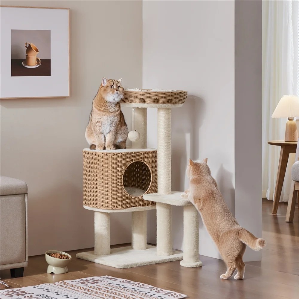 Renwick 36" Tall Rattan Cat Tree with Natural Sisal Scratching Post, Beige - Image 4