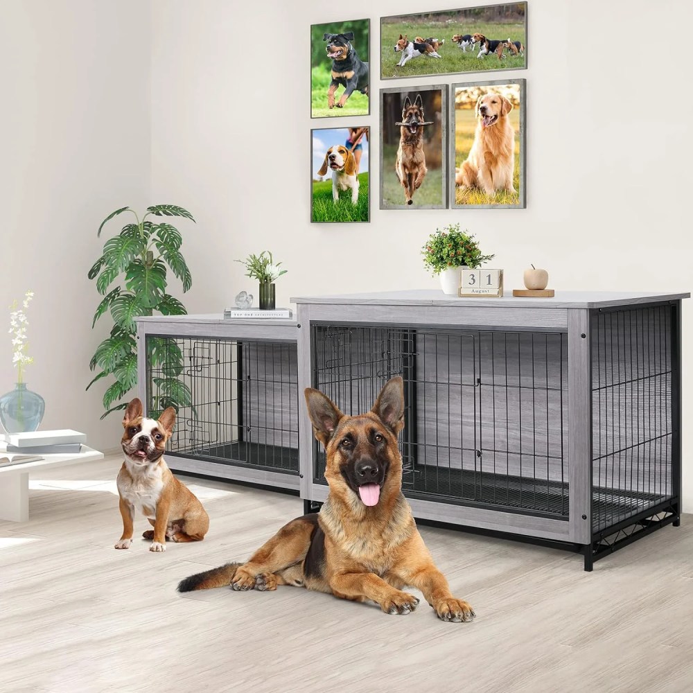 LAZY BUDDY Dog Crate Furniture, Large Dog Kennel Wooden Pet Furniture with Pull-Out Tray, Double Doors, 44.1 "L x 29.5 "W x 32.3 "H (Gray) - Image 4