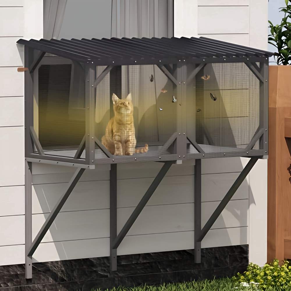 AuraLane 43.3" Cat Window Box, Catio Outdoor Cat Enclosure for Sunbathing, Napping & Viewing, Window Perch for Large Cats