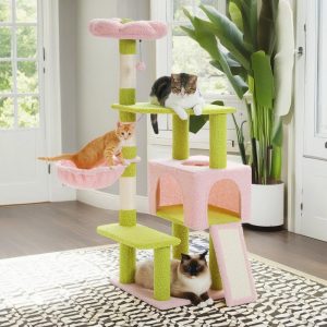 Pefilos 47" Flower Cat Tree Tower for Indoor Cats, Cat Condo with Pink Top Perch for Kittens, Cat Tree House with Sisal Scratching Posts, Pink