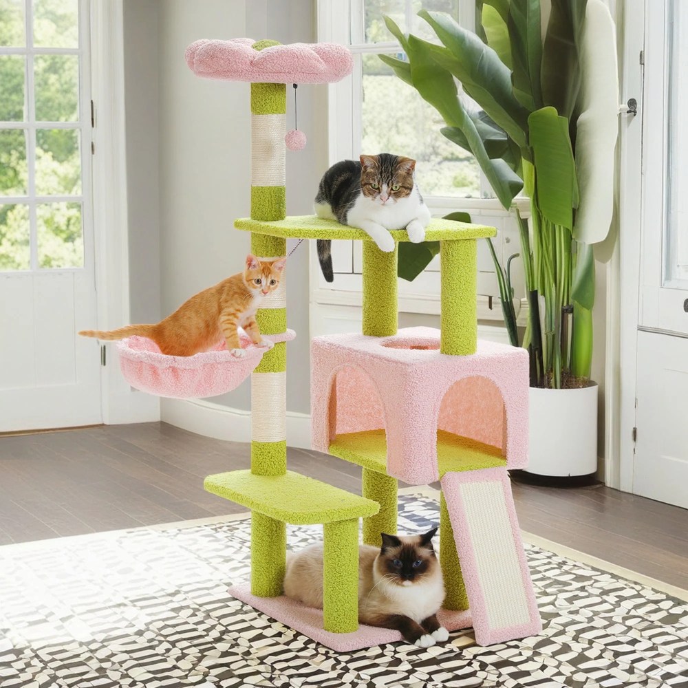 Pefilos 47" Flower Cat Tree Tower for Indoor Cats, Cat Condo with Pink Top Perch for Kittens, Cat Tree House with Sisal Scratching Posts, Pink