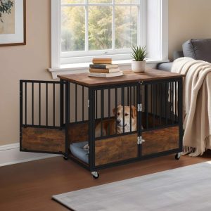 ModFusion 38" Double Door Dog Crate with Wooden Top for Storage, Locking Casters, and Waterproof Surface-Durable, Easy-to-Clean Pet Crate
