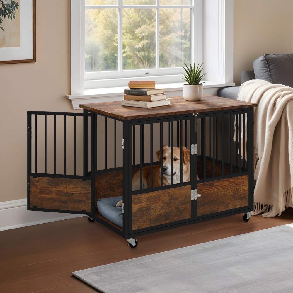 ModFusion 38" Double Door Dog Crate with Wooden Top for Storage, Locking Casters, and Waterproof Surface-Durable, Easy-to-Clean Pet Crate