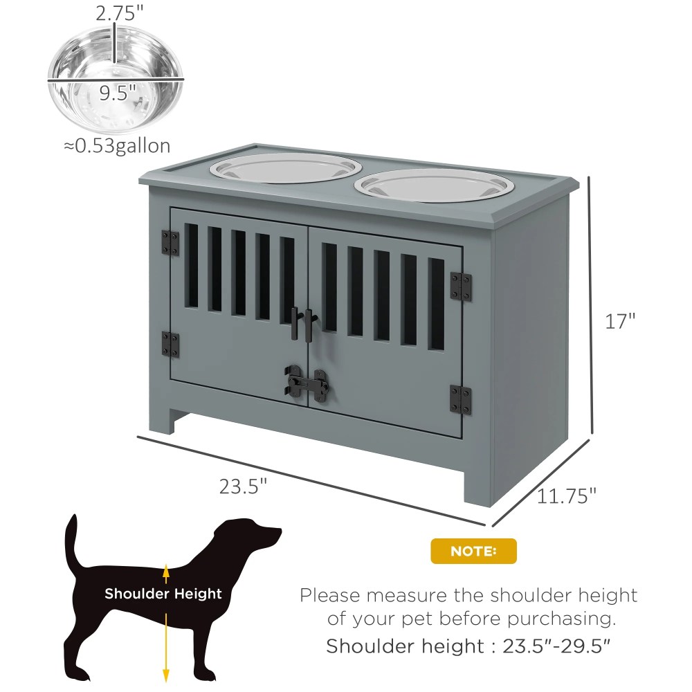 PawHut Dog Food Storage Cabinet with Bowls & Dog Feeding Station, Gray - Image 2