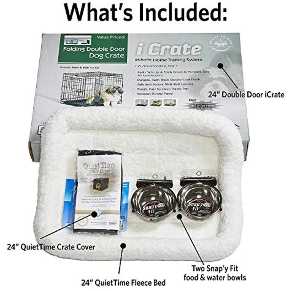 MidWest Homes for Pets Double Door iCrate Starter Kit, 24-inch Dog Crate Bundle for Small Breeds, Includes Cage, Pet Bed, 2 Bowls and Privacy Cover - Image 4