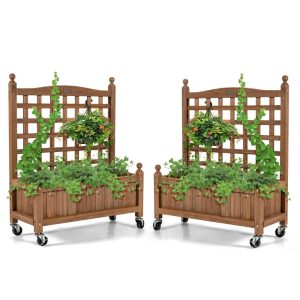 Gymax 2PC 32in Wood Planter Box w/Trellis Mobile Raised Bed for Climbing Plant