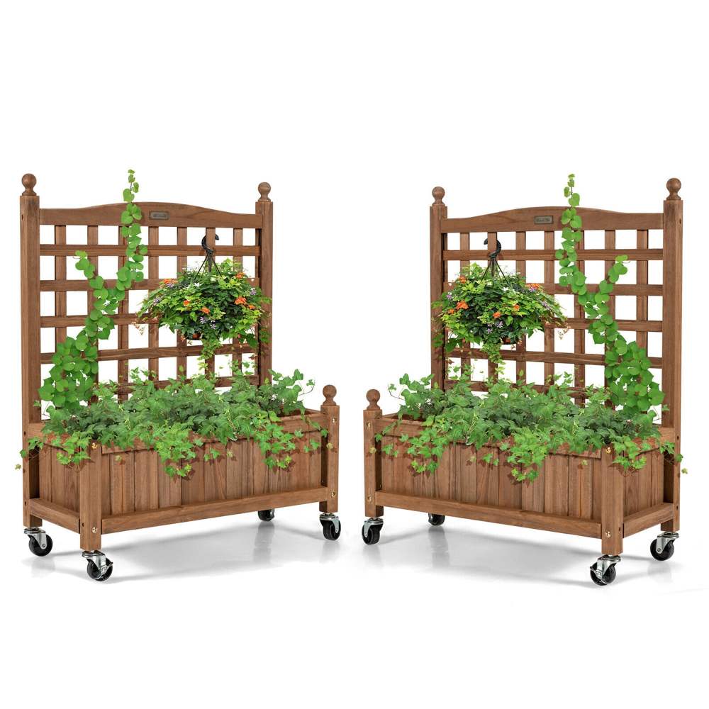 Gymax 2PC 32in Wood Planter Box w/Trellis Mobile Raised Bed for Climbing Plant