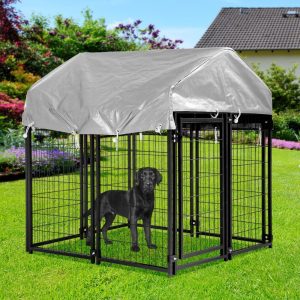 Dkelincs 4'x4'x4.4" Heavy Duty Large Dog Kennel Metal Dog Cage Crate Outdoor Pet Playpen with UV Cover,  Black