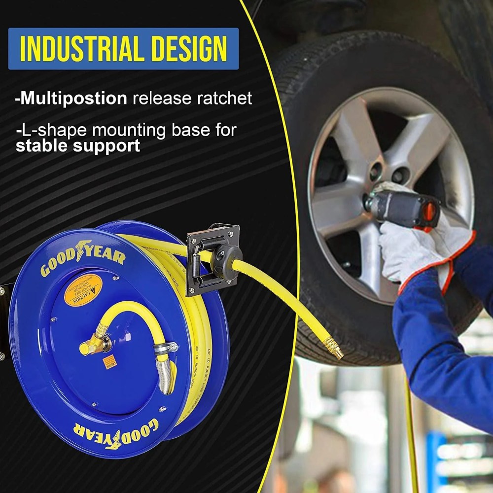Goodyear L815153G Steel Retractable Air Compressor/Water Hose Reel with 3/8 in. x 50 ft. Rubber Hose, Max. 300PSI - Image 6