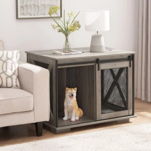 CKEASEAN Farmhouse Style Dog Cage Crate Furniture with Sliding Barn Door,  Wooden Dog Kennel End Table with Flip-top Plate and Detachable Divider for Small/Medium/Large Dogs