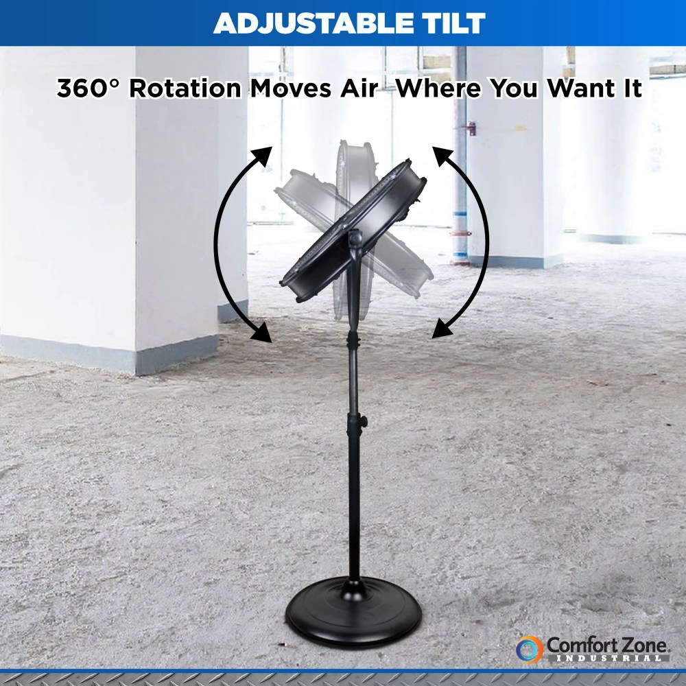 Comfort Zone 20" 3-Speed Slim-Profile High-Velocity Industrial Pedestal Fan with Aluminum Blades and Adjustable Tilt, All-Metal Construction, Black - Image 4