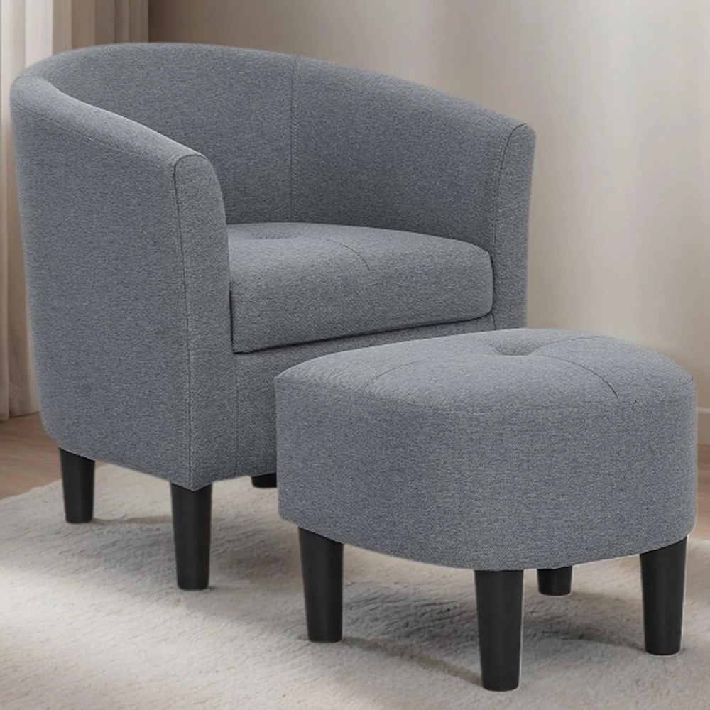 AENKYO Mid-Century Modern Accent Chair with Ottoman - Barrel Armchair & Footrest Set,Comfy Ergonomic Design for Living Room,Bedroom,Home Office - Grey
