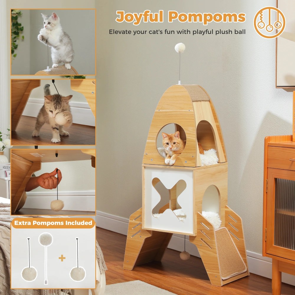 Pefilos 43" Modern Cat Tree Tower Rocket Shape, Multilevel Cat Condo for Large Cats, Cat Tower for Big and Fat Spacious, Beige - Image 3