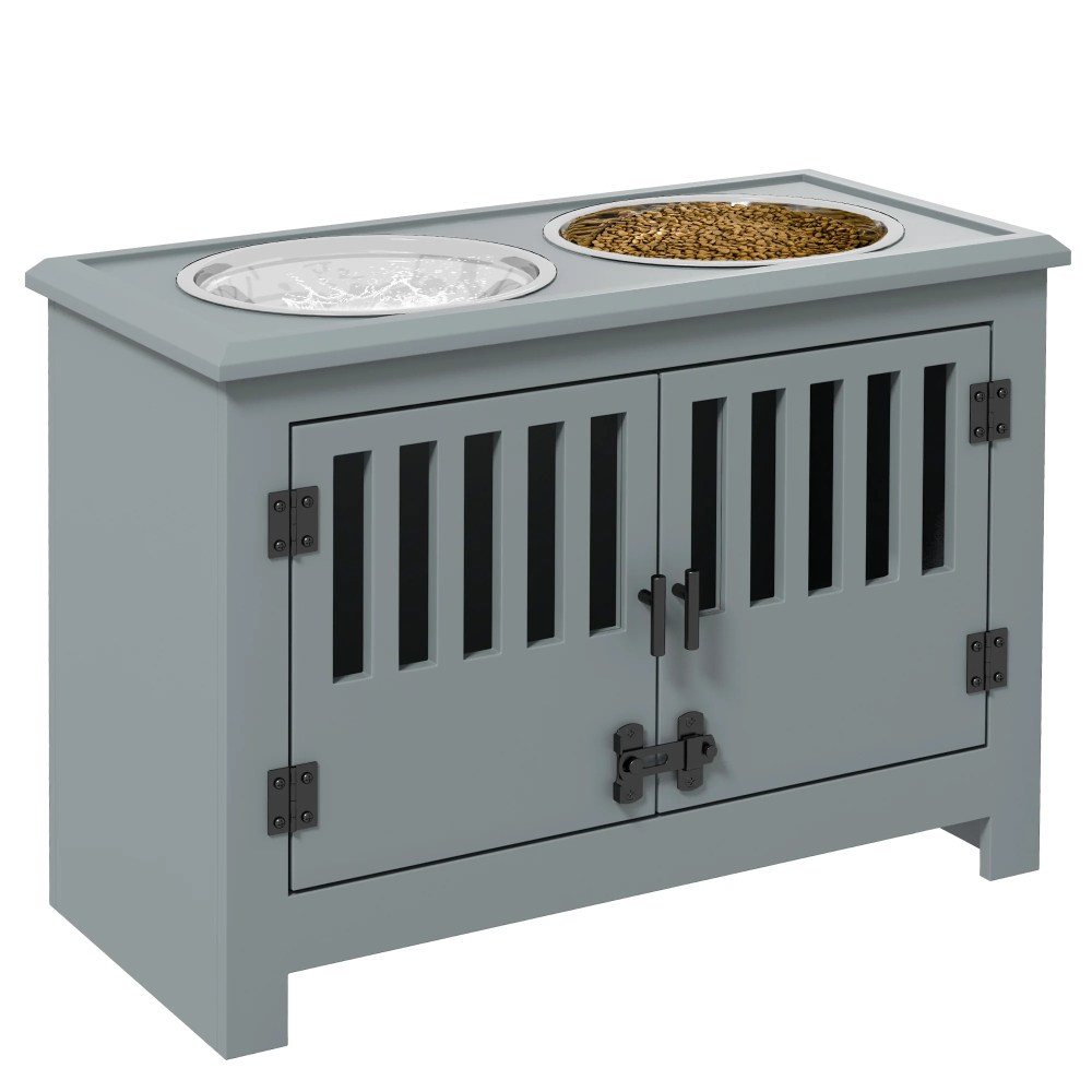PawHut Dog Food Storage Cabinet with Bowls & Dog Feeding Station, Gray - Image 7