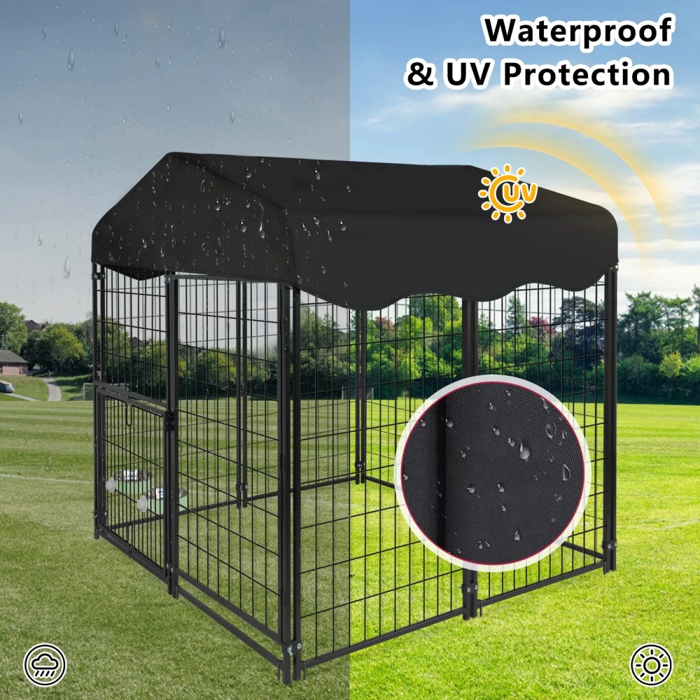 Jhsomdr Outdoor Dog Kennel, 4.2ft x 4ft x 4.5ft Welded Wire Dog Cage Dog Crate with Rotating Feeding Door and Bowls, Heavy Duty Large Dog Kennel Dog Run Enclosure with UV-Resistant Oxford Cloth Roof - Image 3