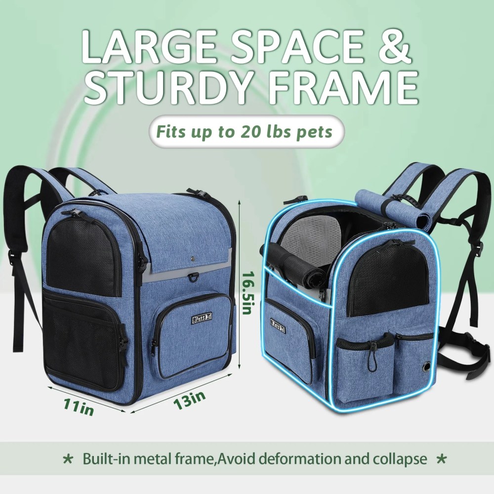PETSKD Pet Carrier Backpack for Dogs Cats, 13x11x16.5 inches Outdoor Travel Backpack with with Safety Lock Zipperl, Large Space Foldable Backpack for Pets Under 20 lbs, Blue - Image 2
