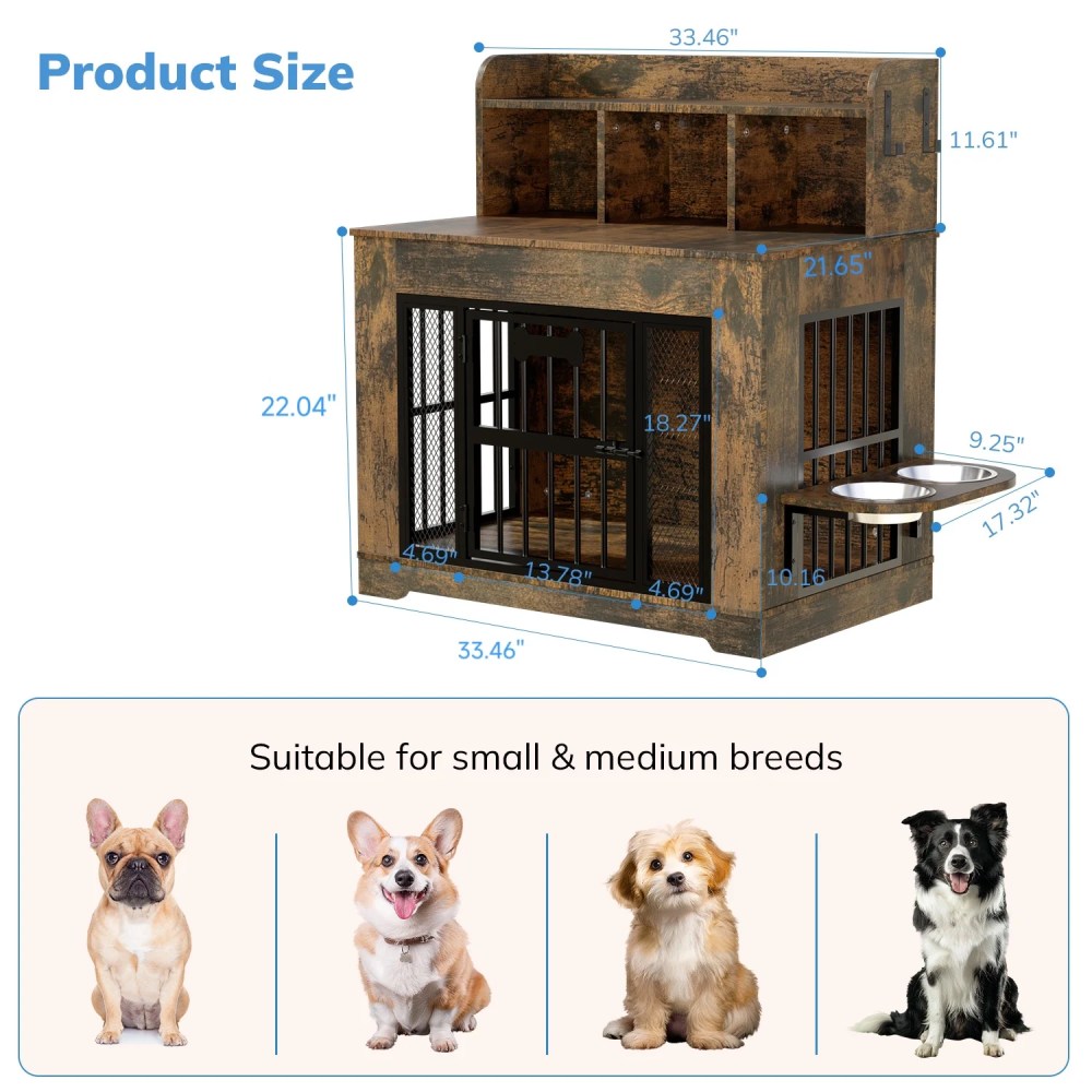 Behost 34" Dog Crate Furniture for Small /Medium Dogs with LED Light Feeding Bowls, Dual-Layer Storage, Decorative Dog Kennel for Indoor , Rustic Brown - Image 8