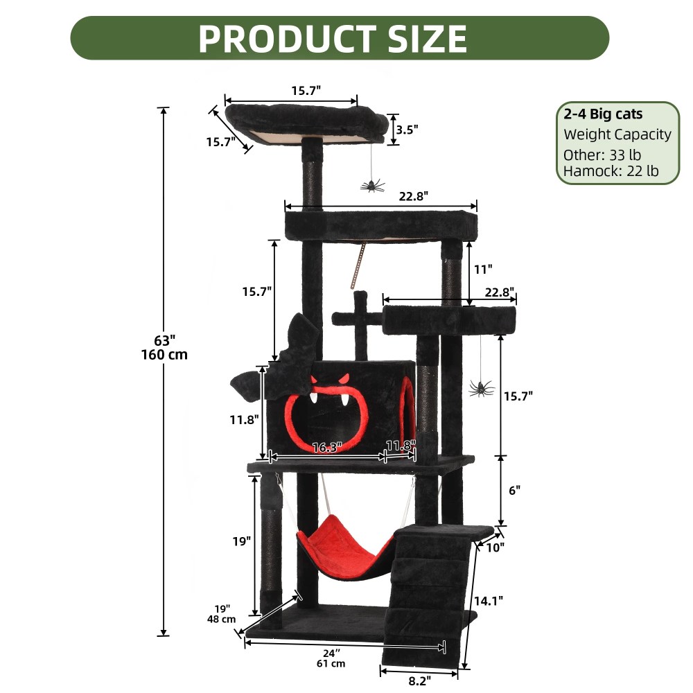 Uforic 63in Gothic Cat Tree with Coffin Bed, Tall Halloween Cat Tower for Indoor Cats with Top Perch & Sisal Scratching Posts, Black - Image 8