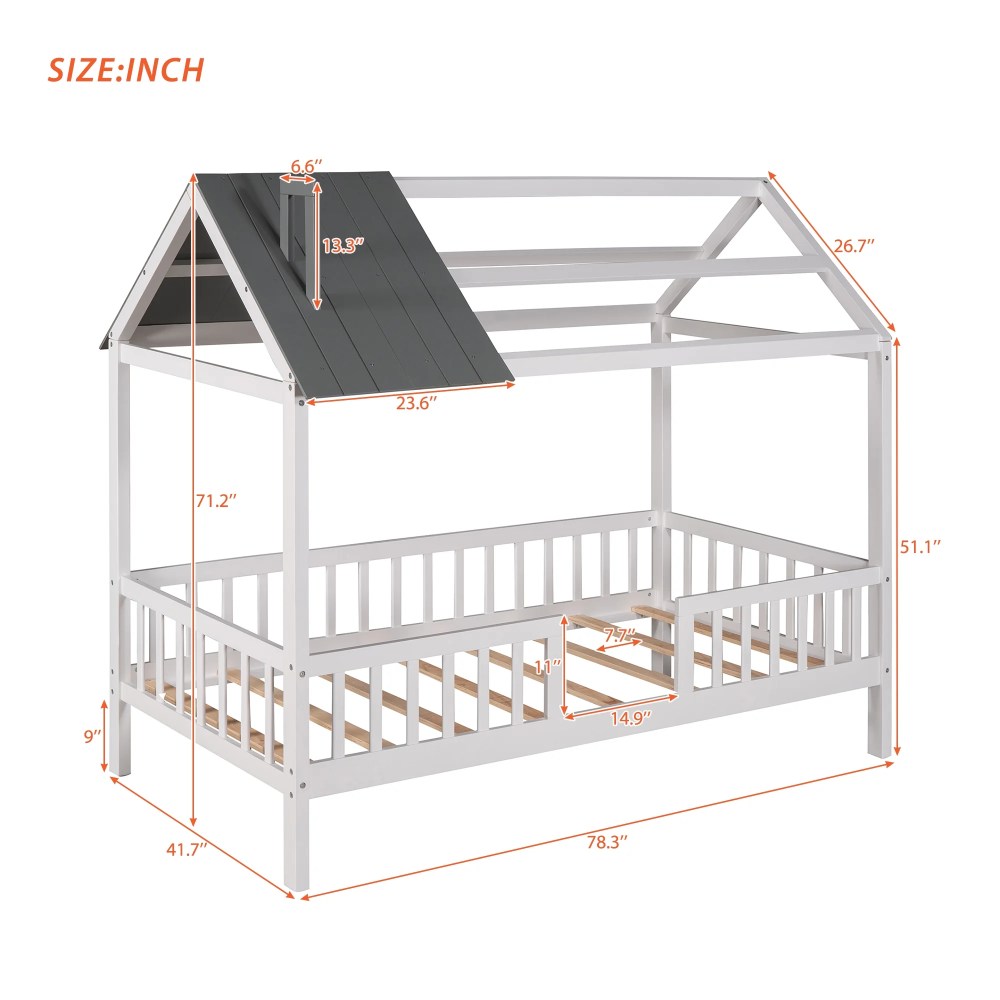 Aukfa Twin House Bed with Fence and Roof, Wood Montessori Bed for Kids, Teens - White/Gray - Image 7