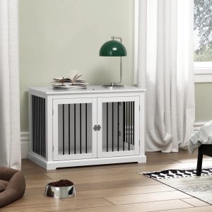 HLR Furniture Style Dog Crate with Cushion,  Dog Kennel Medium,  Pet Crates,  Dog Cage for Small and Medium Dogs,  Decorative Dog Kennel with Flip-top Plate,  Chew-Proof Metal Bars,  White