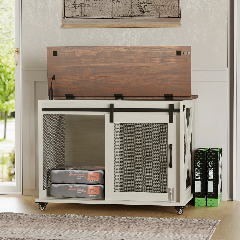 37" Stress-Free Dog Crate with Dual Access Sliding Barn Door & Flip Top Design Creates a Cozy Den for Your Pet - Image 12