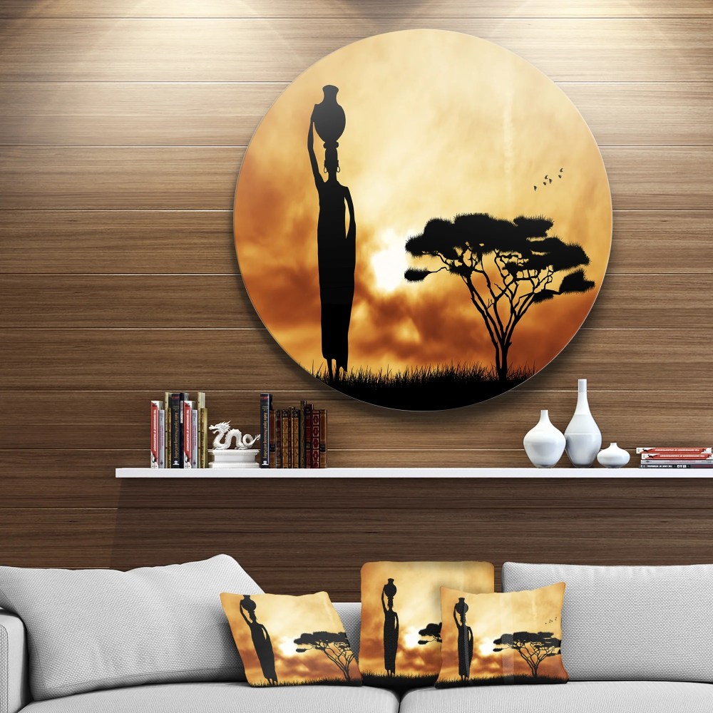 Designart African Woman and Lonely Tree'African Landscape Metal Circle Wall Art - Image 3