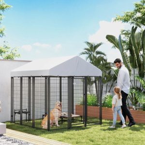 PawHut Outdoor Dog Kennel with Roof,  Welded Wire Dog Playpen Enclosure with Escape-proof Lock,  UV-Resistant & Waterproof Cover,  6" x 6" x 6",  Silver