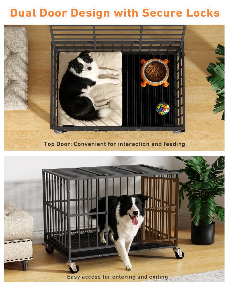 Time Ray 38 inch Dog Crate for Medium Dog with Steel Escape Proof, Heavy Duty Indestructible Dog Kennel with Double Doors, Lockable Wheels and Removable Tray, Black - Image 2