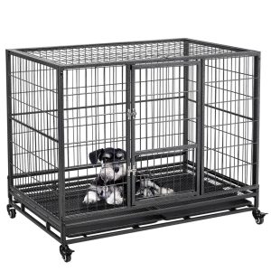 Yaheetech L43.5xW28.5xH35" Rolling Dog Crate Metal Dog Cage with Wheels & Litter Pans For Medium/Large Dogs,  Black