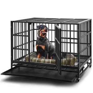 TIME RAY 48 Inch Heavy Duty Dog Crate, Indestructible High Anxiety Dog Cage for Outdoor and Indoor with Lock, Double Door & Removable Tray, Black