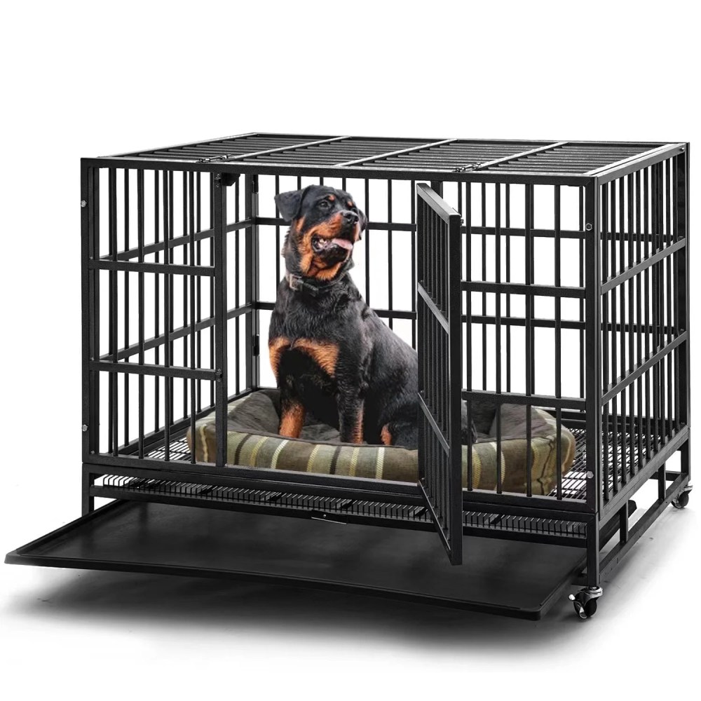 TIME RAY 48 Inch Heavy Duty Dog Crate, Indestructible High Anxiety Dog Cage for Outdoor and Indoor with Lock, Double Door & Removable Tray, Black