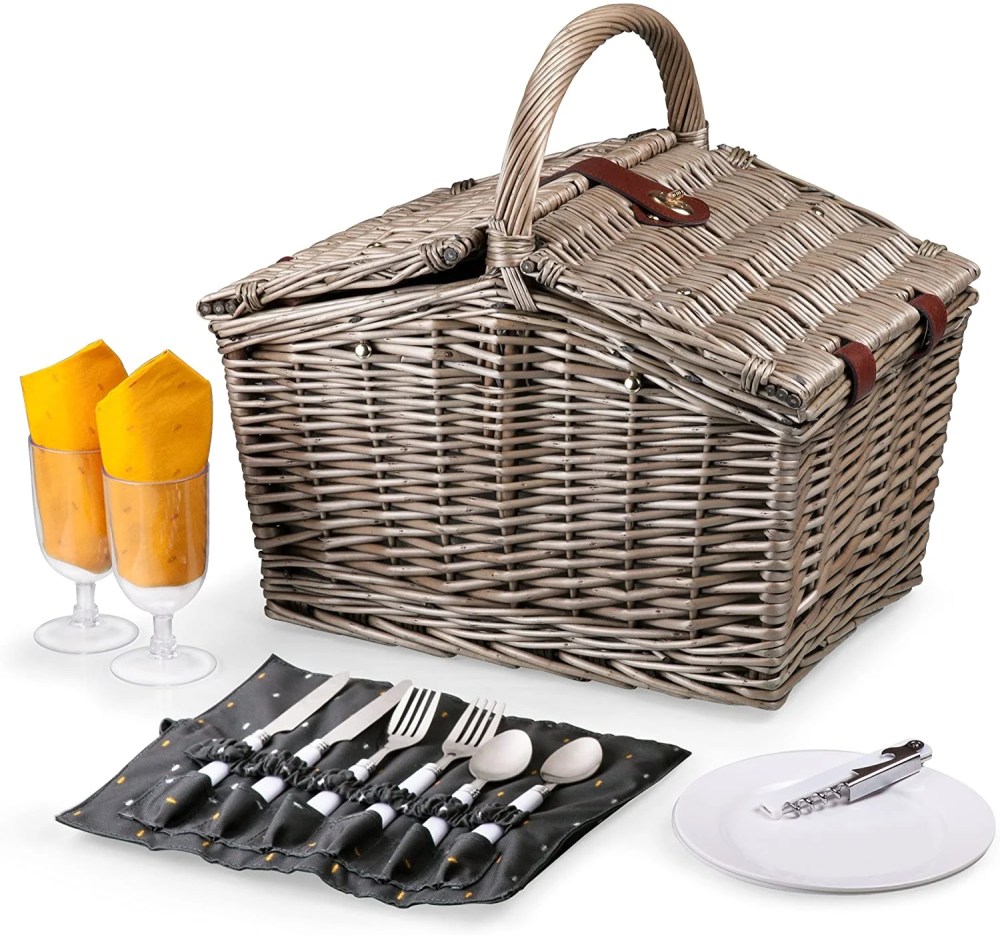 Picnic Time Piccadilly Vintage English-Style Wicker Picnic Basket for 2 with Complete Deluxe Service and Double-Lid Design, Anthology Collection-Gray with Gold Accents - Image 4