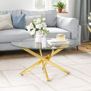 35" Round Glass Coffee Table,0.39" Tempered Glass Top and Polished Stainless Steel Cross Legs,Modern Style for Living Room,Lounge