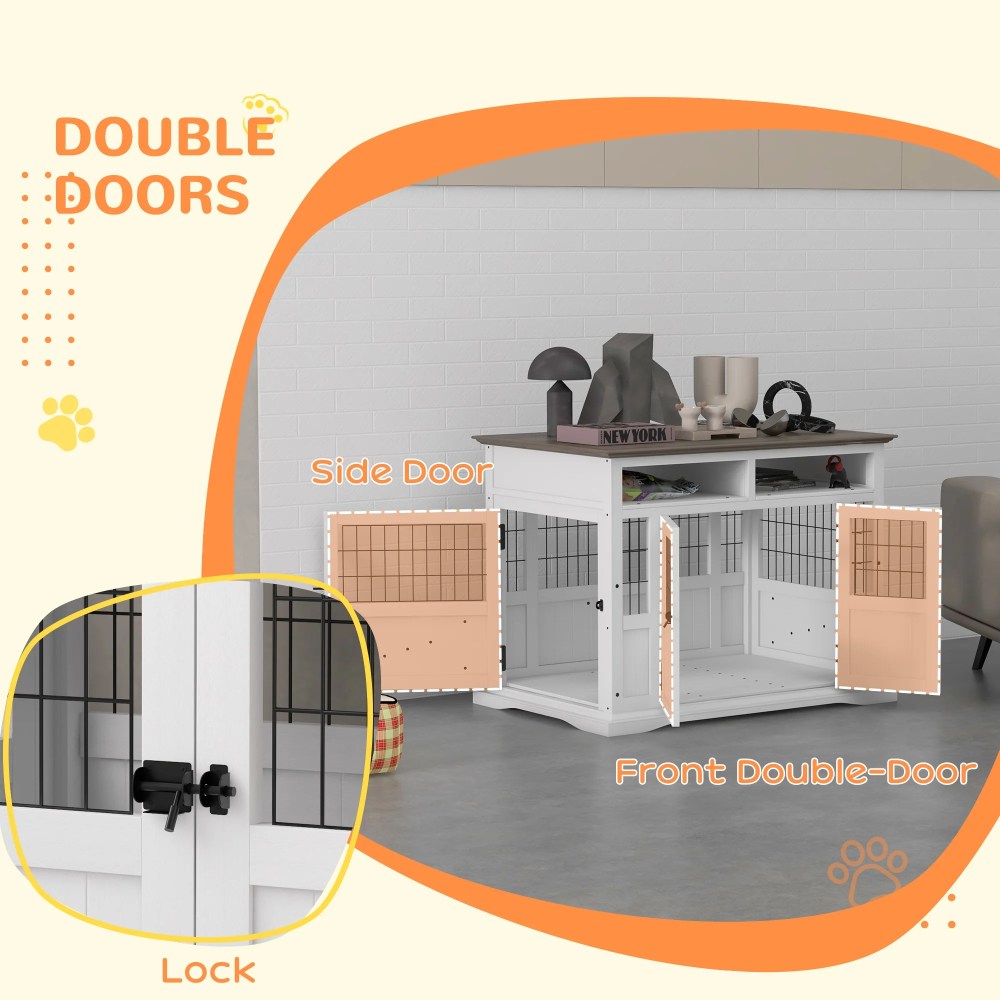 PawHut Dog Crate Furniture Side End Table with Storage, 41" Modern Wooden Dog Kennel Furniture with Double Doors for Small and Medium Dogs, White - Image 2