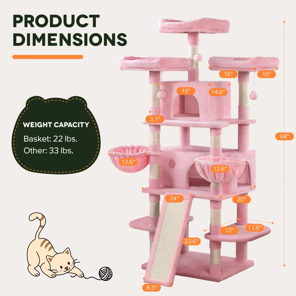Einfach 68" X-Large Cat Tree and Tower with Condo Houses, Scratching Board & Posts for Indoor Cat, Pink - Image 5