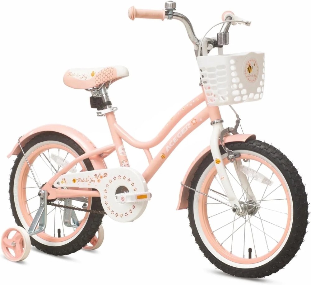 ACEGER 16 Inch Bike with Basket and Training Wheels for Girls Ages 5-9, Pink