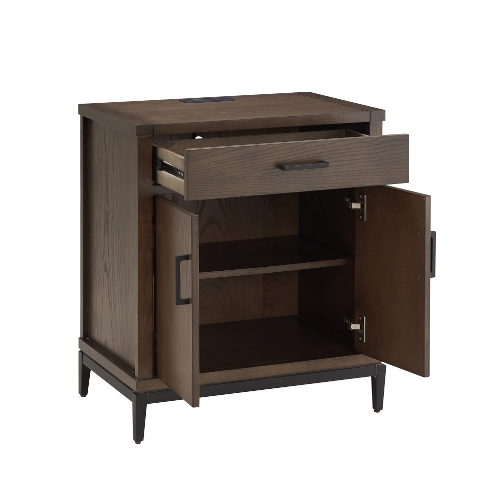 9079-GRMB Julien Assembled Wood Nightstand Table w/ AC/USB in Coffee Bean/Black