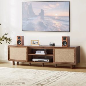 WIRRYTOR Mid-Century Modern TV Stand for 80 inch TV with Linen Sliding Doors,70" Boho Entertainment Center,Wood Media Console Table,Walnut