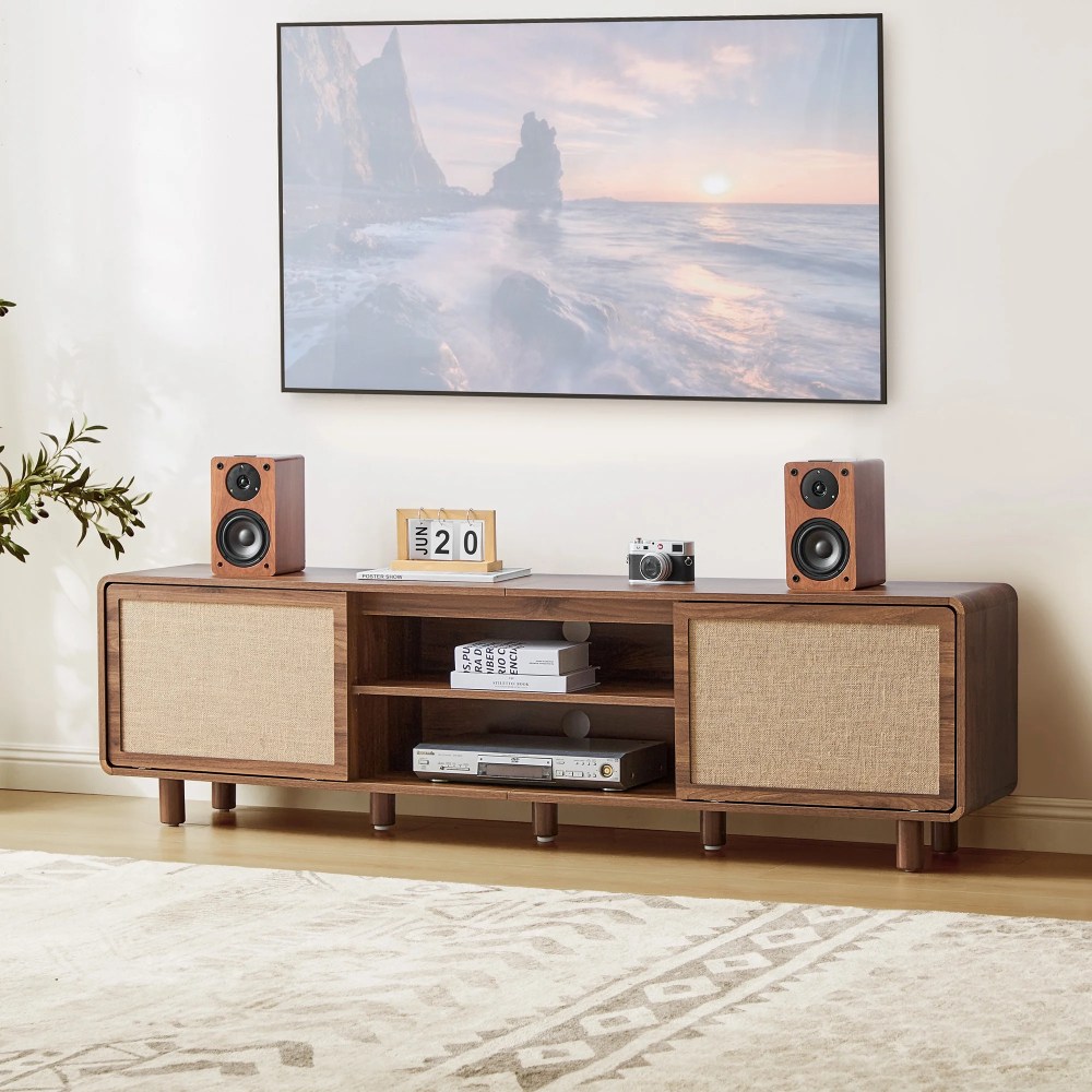 WIRRYTOR Mid-Century Modern TV Stand for 80 inch TV with Linen Sliding Doors,70" Boho Entertainment Center,Wood Media Console Table,Walnut